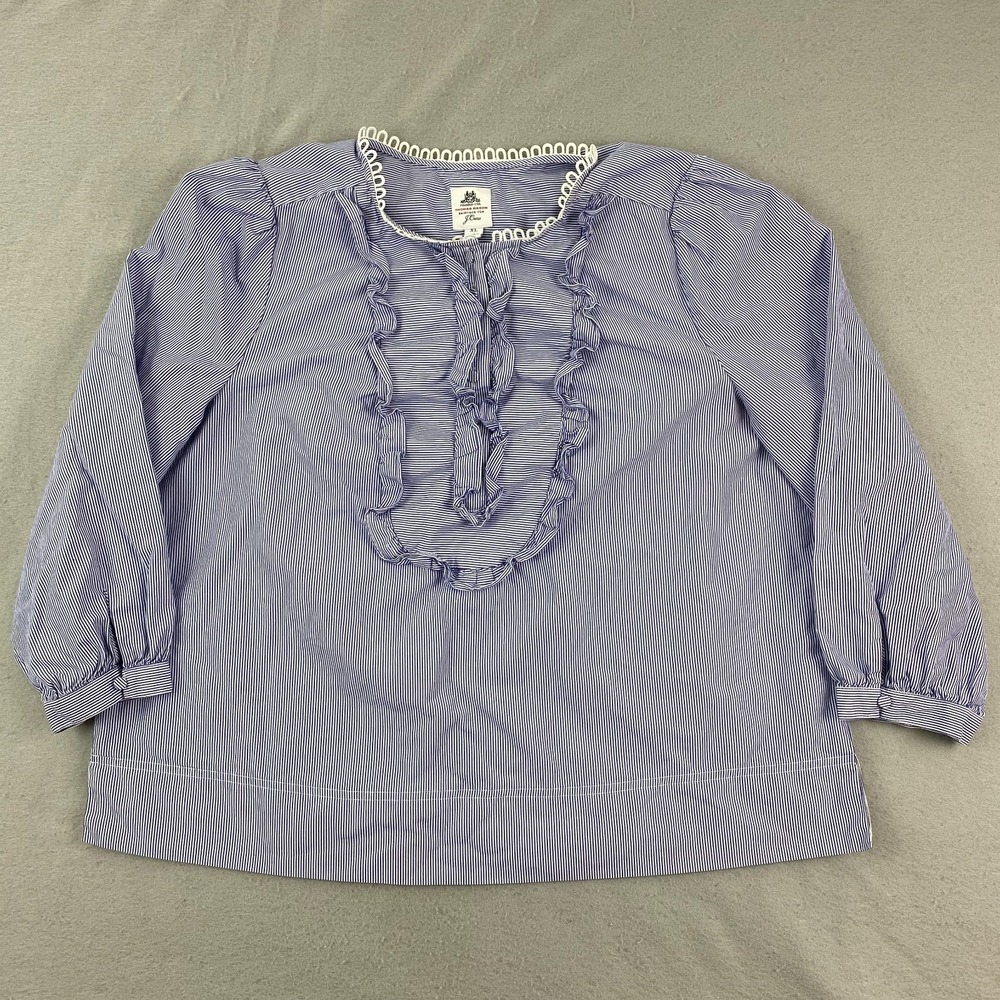 J. Crew Thomas Mason Blouse XL Blue White Gingham Stripe Ruffled V Neck